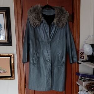 Women's Gray Leather Coat with Fur Collar